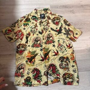 Vintage Ed Hardy Tattoo Print Button-Up Shirt Mens Size M Y2K Graphic Streetwear